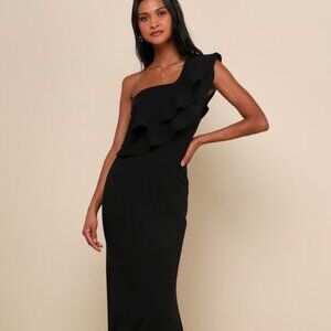 Lulus Grand Beauty Black Ruffled One-shoulder Mermaid Maxi Dress - Size M